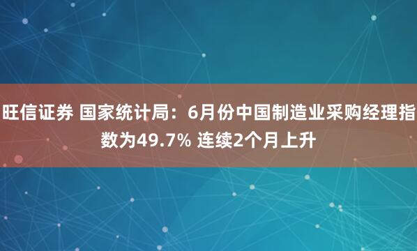 旺信证券 国家统计局：6月份中国制造业采购经理指数为49.7% 连续2个月上升